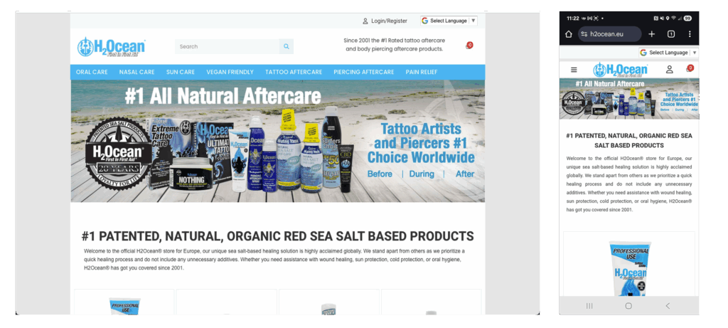 H2OceanEU wordpress ecommerce, woocommerce custom theme in elementor pro